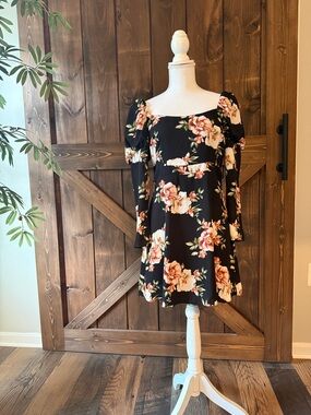 Black Floral Square-Neck Mini Dress (NWT)